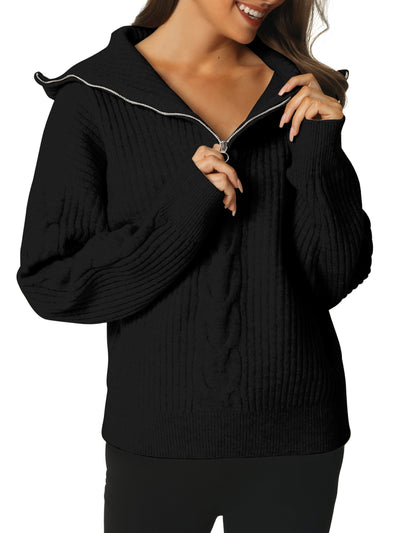 Women's Casual Long Sleeve Half Zip Pullover Sweaters V Neck Collar Ribbed Knitted Loose Jumper Top