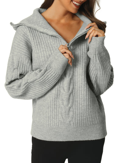 Women's Casual Long Sleeve Half Zip Pullover Sweaters V Neck Collar Ribbed Knitted Loose Jumper Top