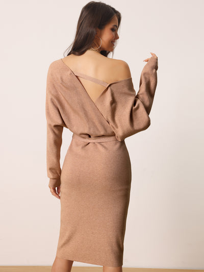 Women's Deep V Neck Wrap Lantern Sleeve Belted Bodycon Mini Sweater Dress
