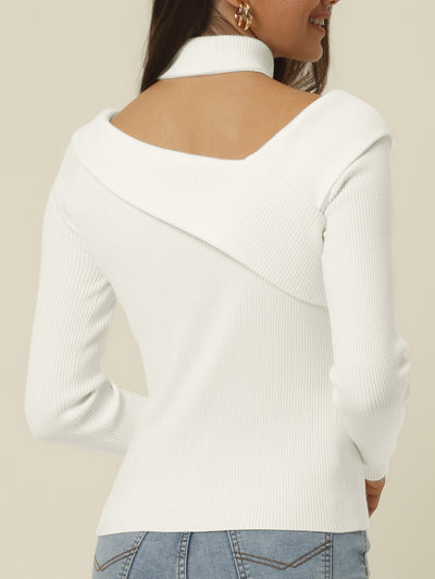Women's Chocker Long Sleeve V Neck One Shoulder Slim Fit Sweater Tops