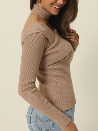 Women's Chocker Long Sleeve V Neck One Shoulder Slim Fit Sweater Tops