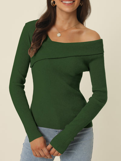 Bublédon Women's Chocker Long Sleeve V Neck One Shoulder Slim Fit Sweater Tops