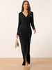 Long Sleeve V Neck Draped Front Ruched Cocktail Splited Party Maxi Bodycon Dress