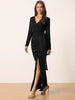 Long Sleeve V Neck Draped Front Ruched Cocktail Splited Party Maxi Bodycon Dress