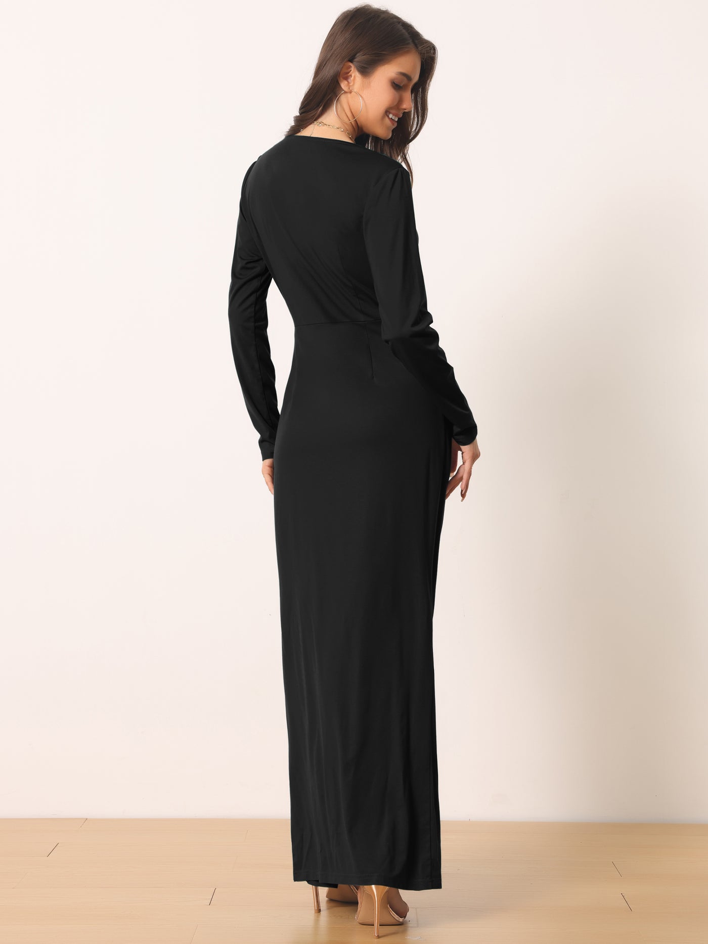 Bublédon Long Sleeve V Neck Draped Front Ruched Cocktail Splited Party Maxi Bodycon Dress