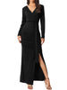 Long Sleeve V Neck Draped Front Ruched Cocktail Splited Party Maxi Bodycon Dress