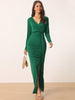 Long Sleeve V Neck Draped Front Ruched Cocktail Splited Party Maxi Bodycon Dress