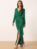 Long Sleeve V Neck Draped Front Ruched Cocktail Splited Party Maxi Bodycon Dress