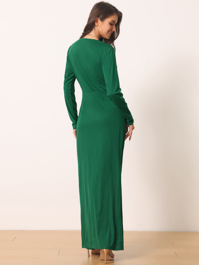 Long Sleeve V Neck Draped Front Ruched Cocktail Splited Party Maxi Bodycon Dress