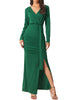 Long Sleeve V Neck Draped Front Ruched Cocktail Splited Party Maxi Bodycon Dress