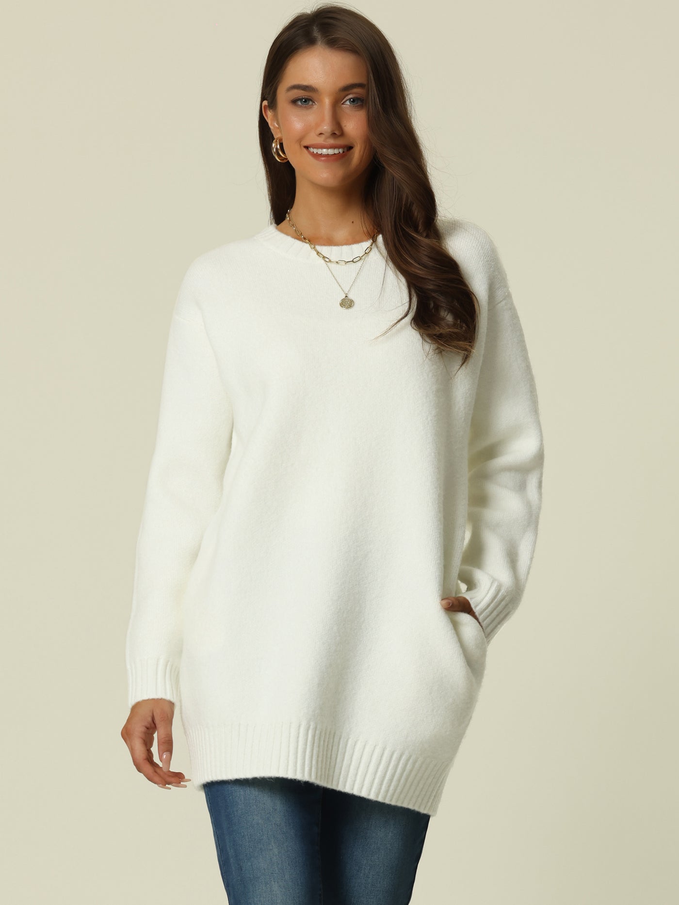 Bublédon Womens' Fall Winter Round Neck Long Sleeve Casual Sweater with Pockets