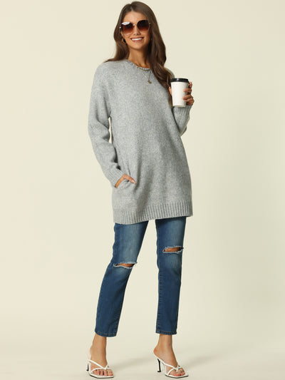 Womens' Fall Winter Round Neck Long Sleeve Casual Sweater with Pockets
