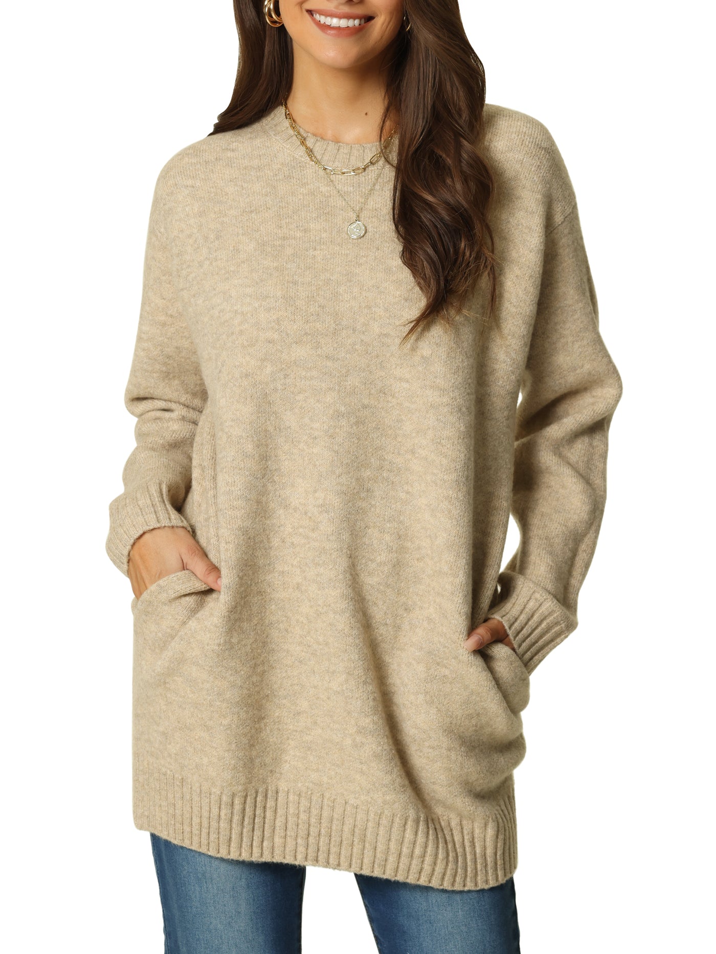 Bublédon Womens' Fall Winter Round Neck Long Sleeve Casual Sweater with Pockets