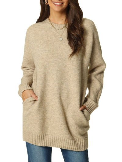 Womens' Fall Winter Round Neck Long Sleeve Casual Sweater with Pockets