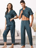 Womens Satin Striped Button Down Sleepwear Short Sleeve Long Pants Pajama Set