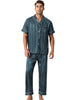 Men Striped Satin Button Down Short Sleeve Long Pants Pajama Set