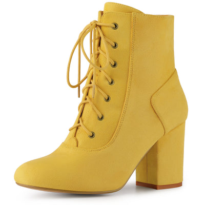 Perphy Round Toe Chunky High Heel Lace Up Ankle Boots for Women
