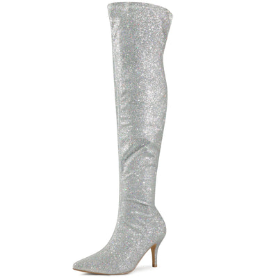 Perphy Glitter Pointed Toe Stiletto Heels Over the Knee High Boots for Women