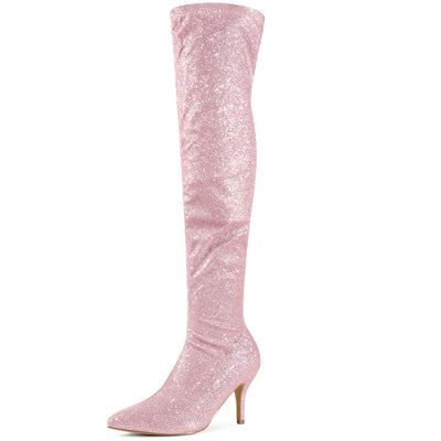 Bublédon Glitter Pointed Toe Stiletto Heels Over the Knee High Boots for Women