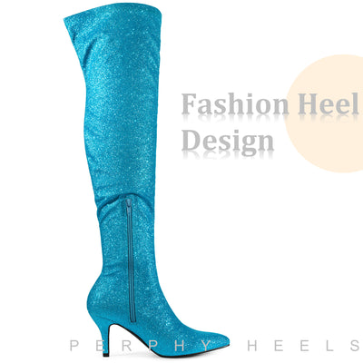 Perphy Glitter Pointed Toe Stiletto Heels Over the Knee High Boots for Women