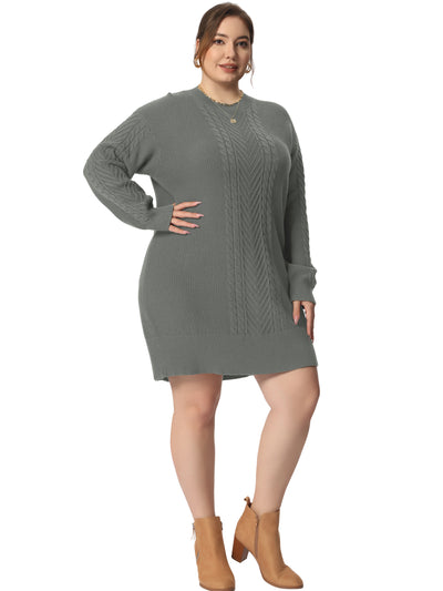 H Line Cable Round Neck Long Sleeve Sweater Dress