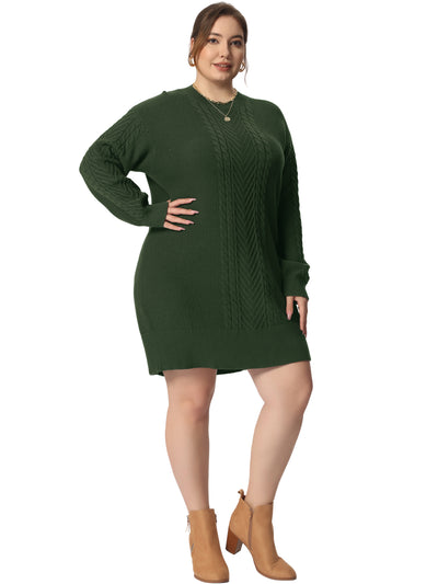 H Line Cable Round Neck Long Sleeve Sweater Dress