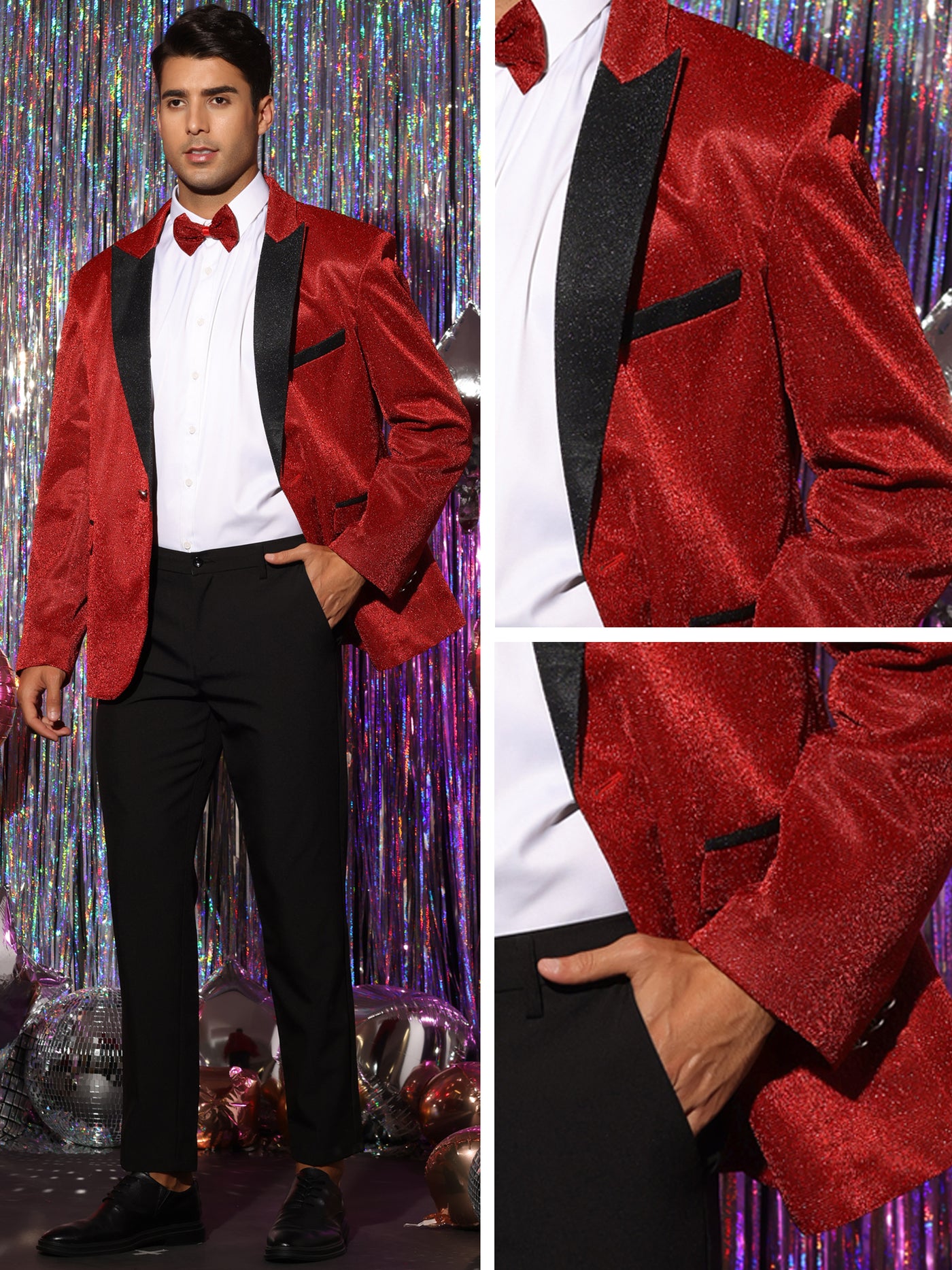 Bublédon Prom Shiny Blazer for Men's Peak Lapel One Button Wedding Sport Coats with Bow-tie