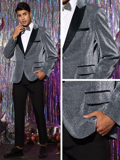 Prom Shiny Blazer for Men's Peak Lapel One Button Wedding Sport Coats with Bow-tie