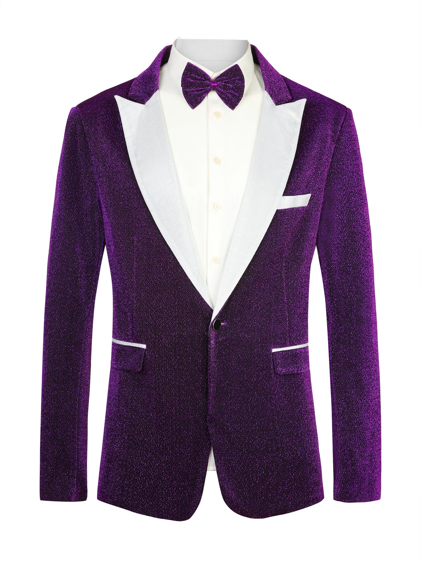 Bublédon Prom Shiny Blazer for Men's Peak Lapel One Button Wedding Sport Coats with Bow-tie