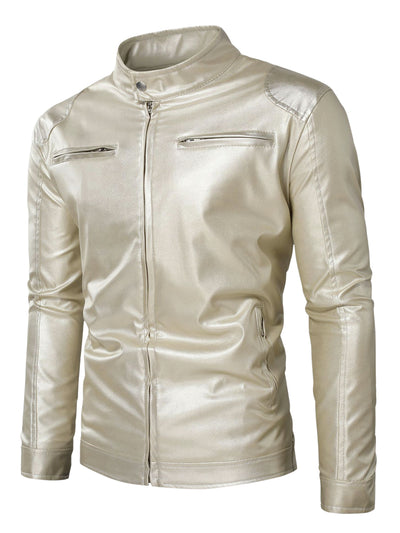 Faux Leather Zipper Stand Collar Motorcycle Metallic Jacket