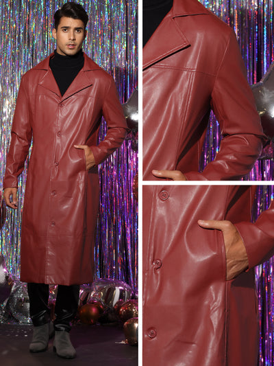 PU Faux Leather Long Jacket for Men's Vintage Lapel Gothic Trench Coat Outwear