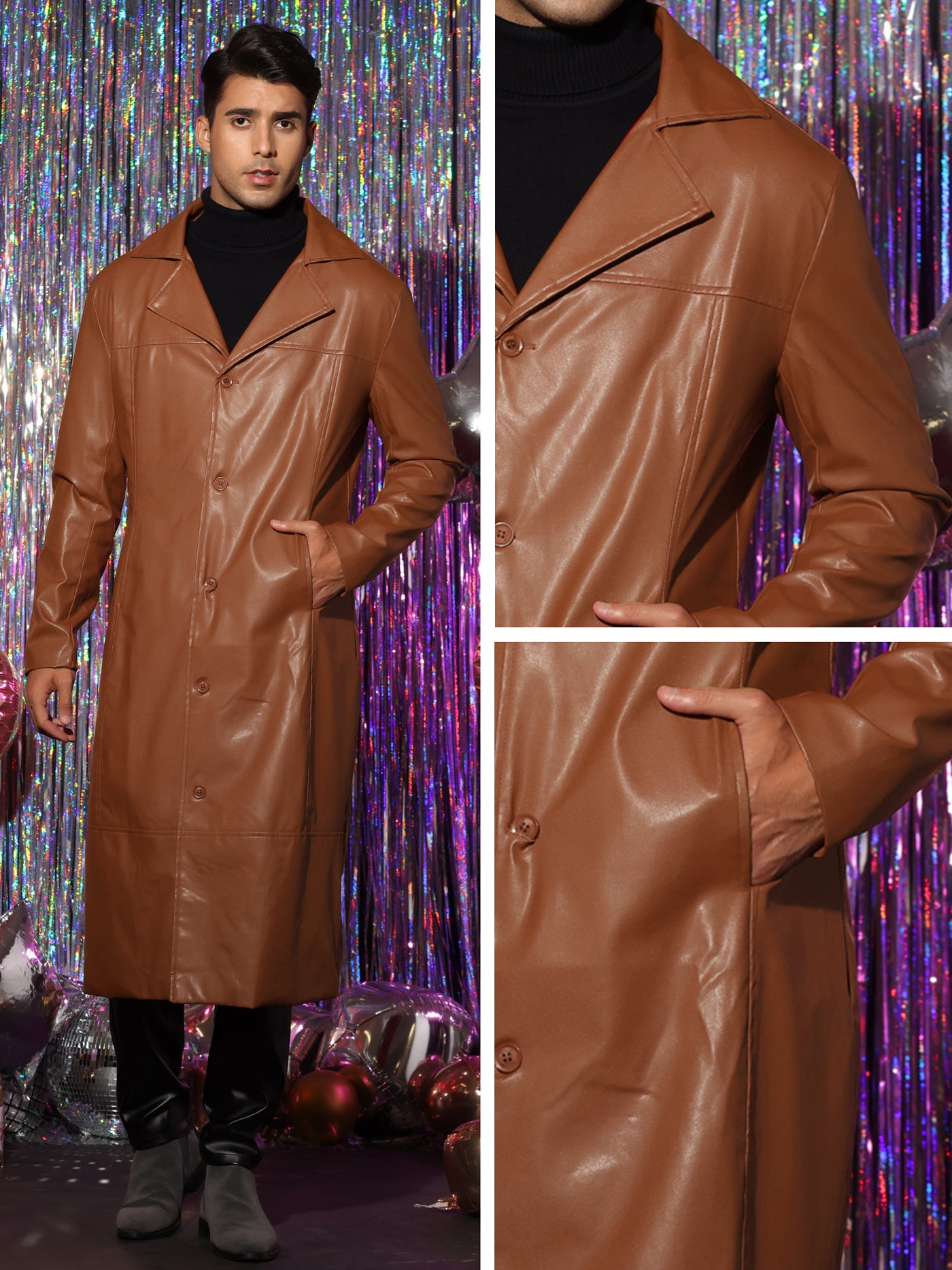 Bublédon PU Faux Leather Long Jacket for Men's Vintage Lapel Gothic Trench Coat Outwear