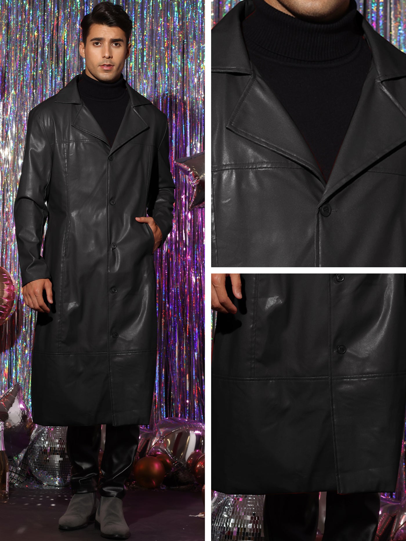 Bublédon PU Faux Leather Long Jacket for Men's Vintage Lapel Gothic Trench Coat Outwear