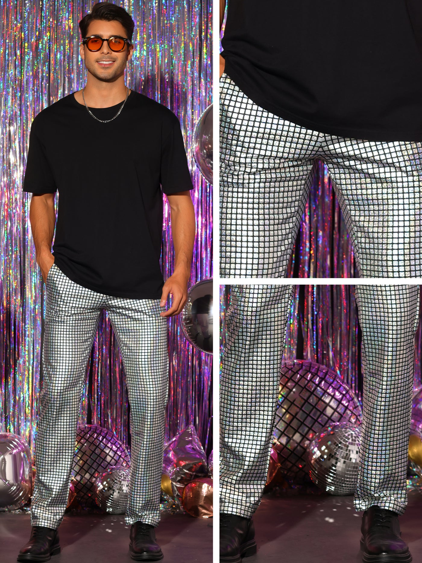 Bublédon Sparkly Metallic Pants for Men's Hip Hop Disco Party Shiny Straight Leg Trousers