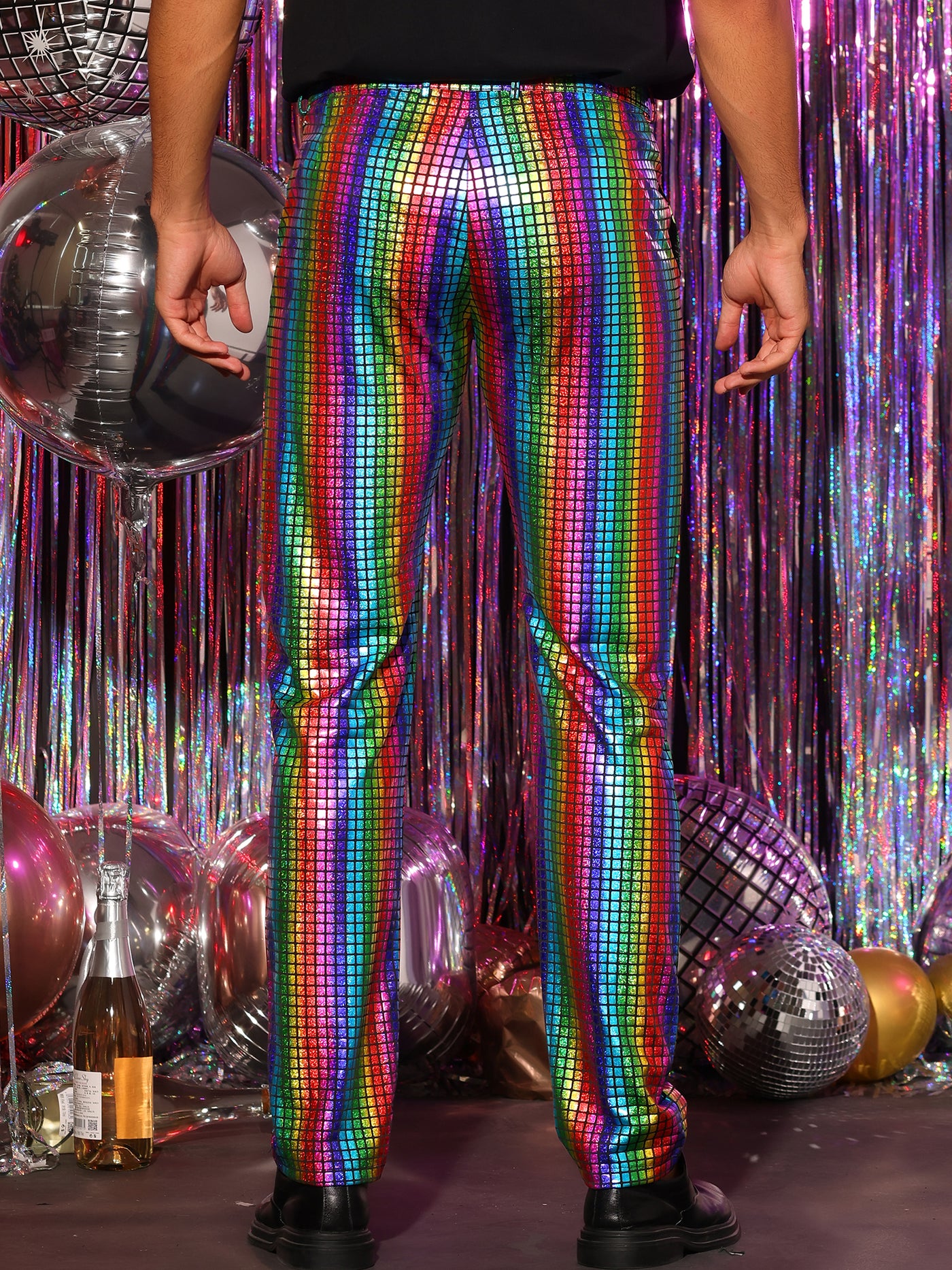 Bublédon Sparkly Metallic Pants for Men's Hip Hop Disco Party Shiny Straight Leg Trousers