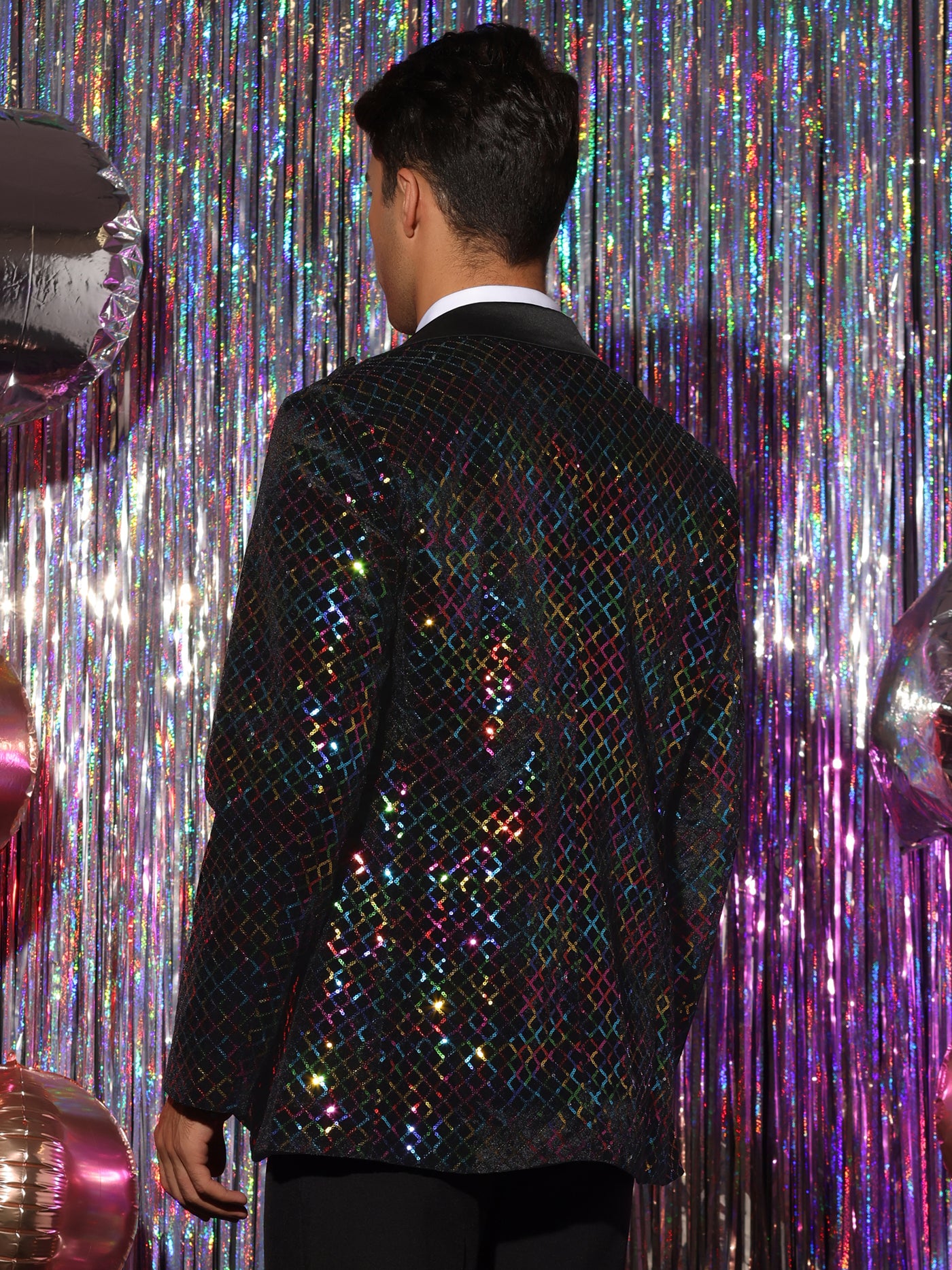 Bublédon Sequin Blazer for Men's Peak Lapel Prom Party Shining Plaid Sports Coat