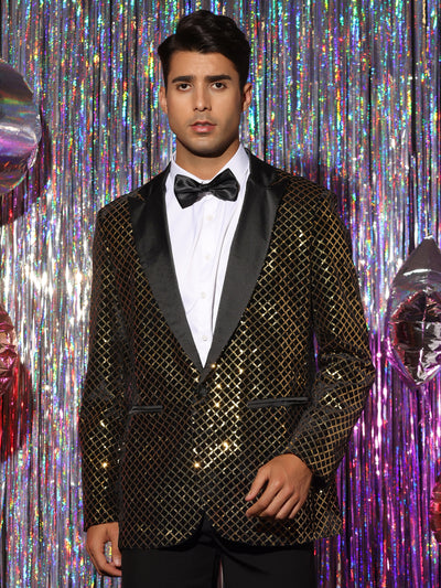 Sequin Blazer for Men's Peak Lapel Prom Party Shining Plaid Sports Coat