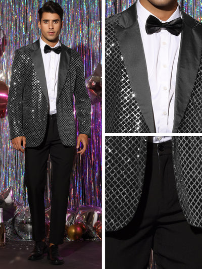 Sequin Blazer for Men's Peak Lapel Prom Party Shining Plaid Sports Coat