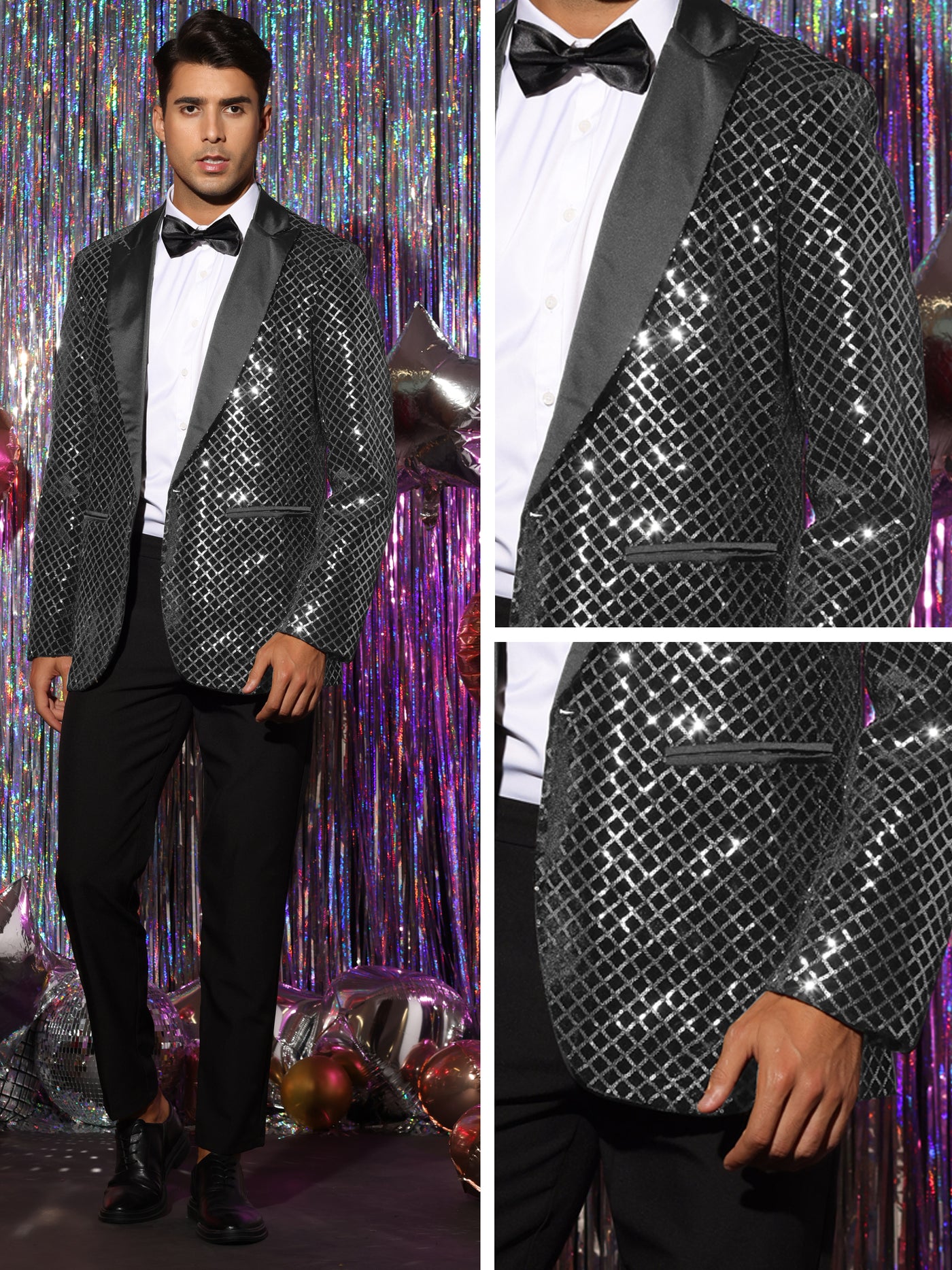Bublédon Sequin Blazer for Men's Peak Lapel Prom Party Shining Plaid Sports Coat