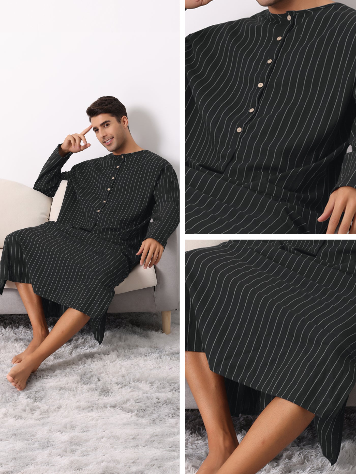 Bublédon Striped Nightshirt for Men's Long Sleeves Button Side Split Nightgown with Pockets