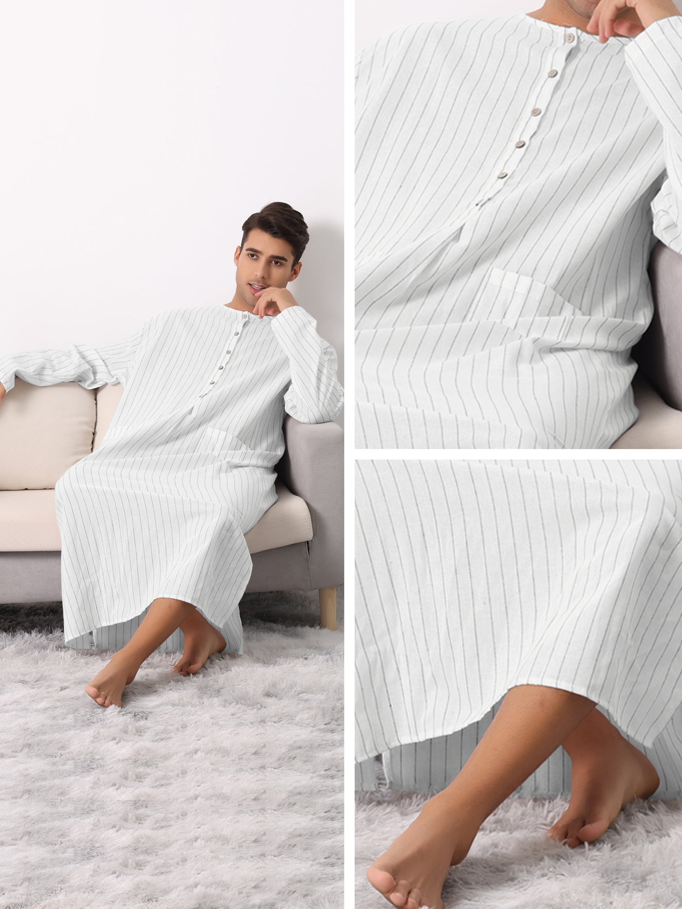 Bublédon Striped Nightshirt for Men's Long Sleeves Button Side Split Nightgown with Pockets