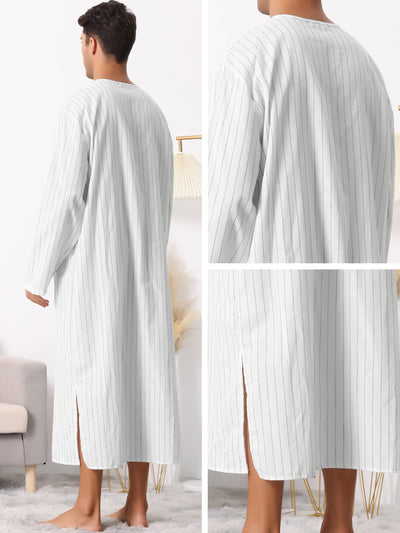 Striped Nightshirt for Men's Long Sleeves Button Side Split Nightgown with Pockets
