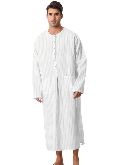 Striped Nightshirt for Men's Long Sleeves Button Side Split Nightgown with Pockets