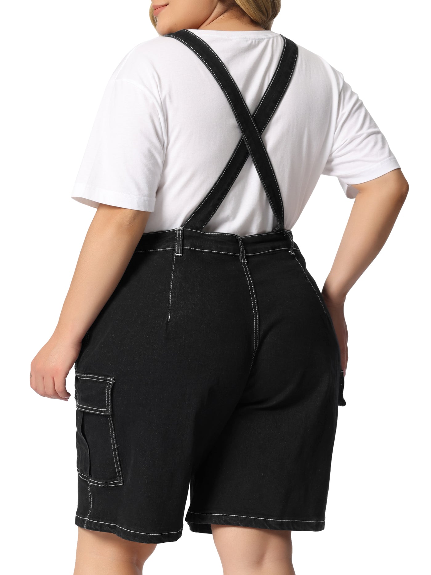Bublédon Plus Size Denim Overall for Women Contrast Stitch Cargo Pocket Adjustable Strap Jeans Pants