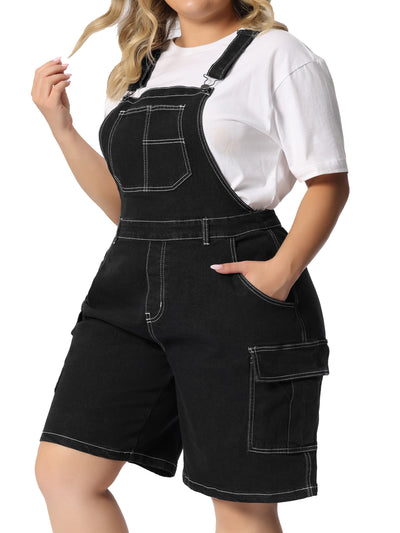 Plus Size Denim Overall for Women Contrast Stitch Cargo Pocket Adjustable Strap Jeans Pants