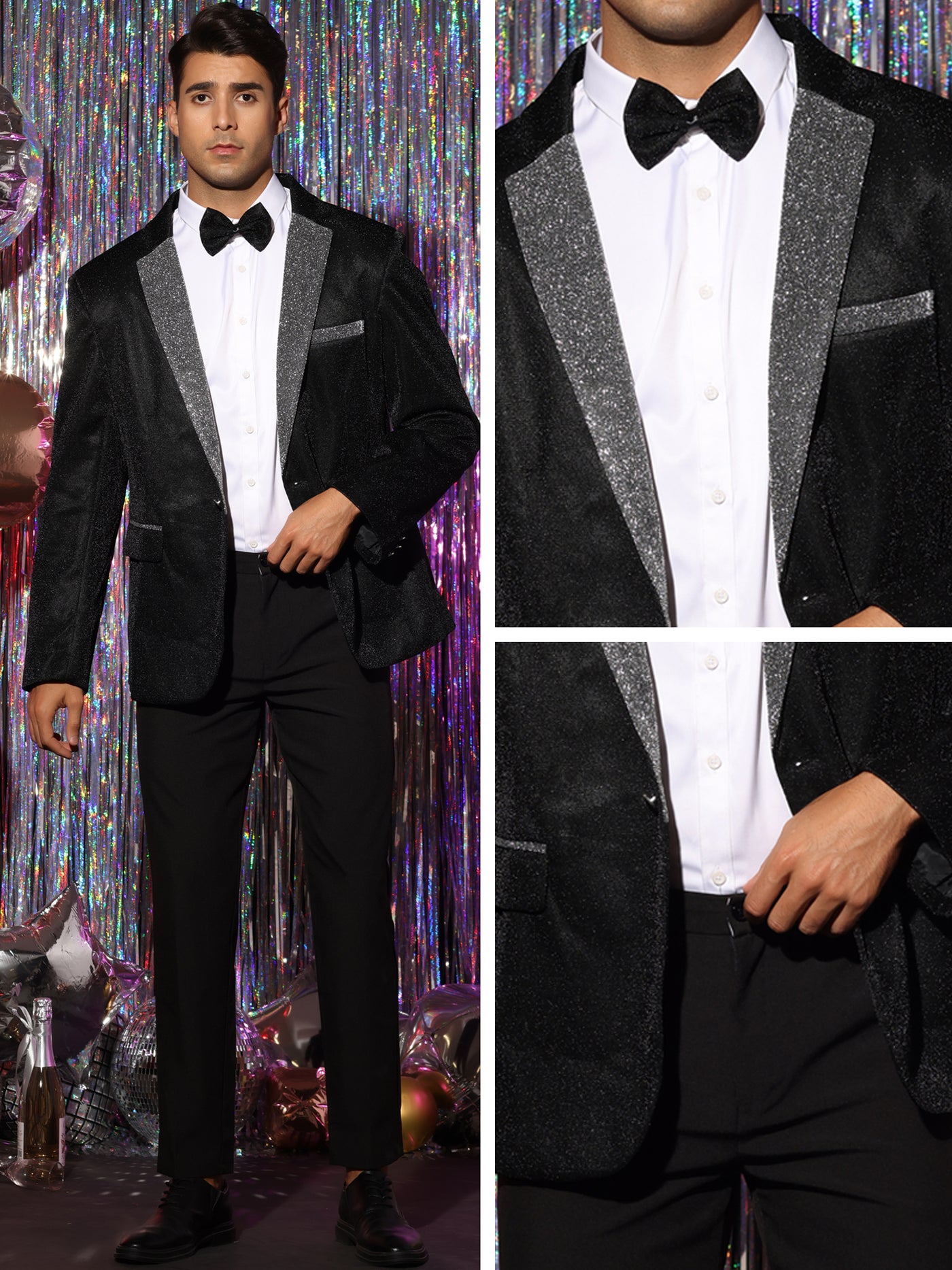 Bublédon Sparkle Blazer with Bow-tie for Men's Notch Lapel Prom Party Sport Coats