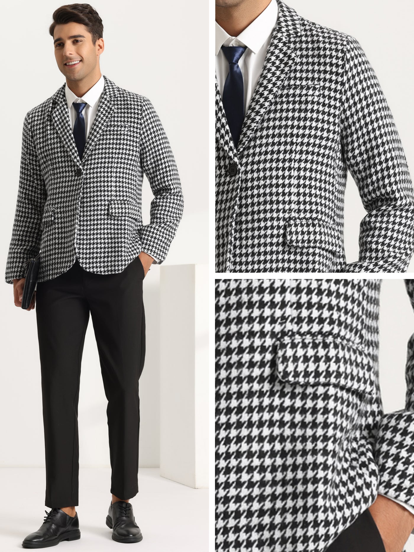 Bublédon Houndstooth Print Blazer for Men's Casual Slim Fit Notched Lapel Plaid Sports Coat