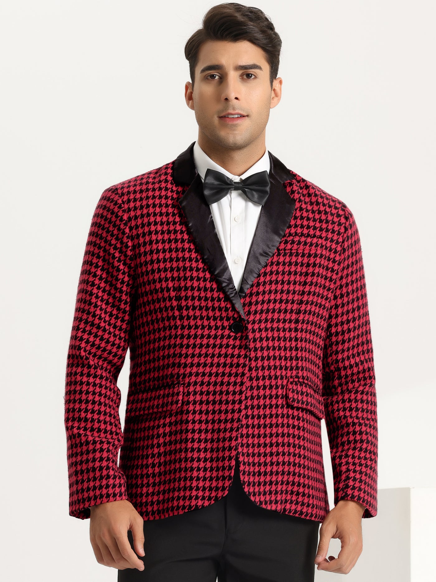 Bublédon Houndstooth Print Blazer for Men's Slim Fit Contrast Collared Plaid Sports Coat