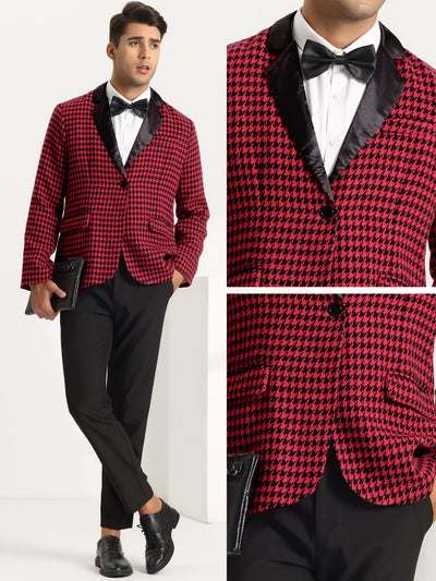 Houndstooth Print Blazer for Men's Slim Fit Contrast Collared Plaid Sports Coat