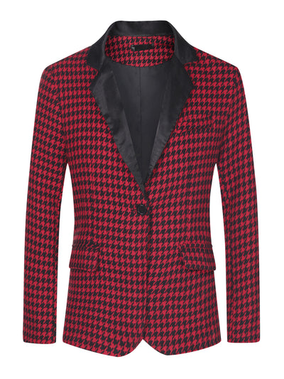 Houndstooth Print Blazer for Men's Slim Fit Contrast Collared Plaid Sports Coat